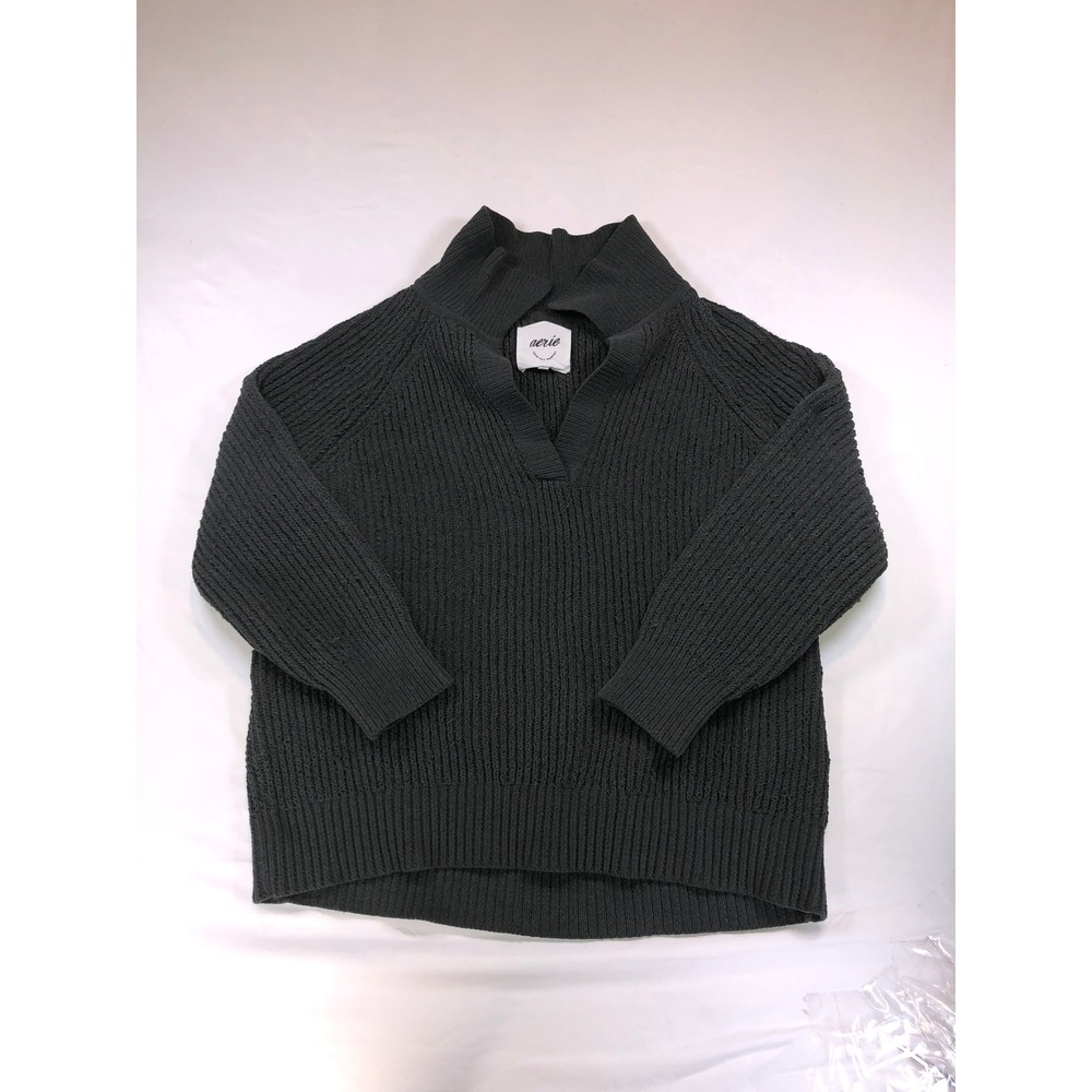 Aerie Womens M Gray Chunky Shaker Knit Split Neck Oversized Pullover Sweater